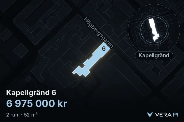 VERA PI:s bild av Kapellgränd 6: huset i 3D, upplyst i blått, och kartan runt omkring