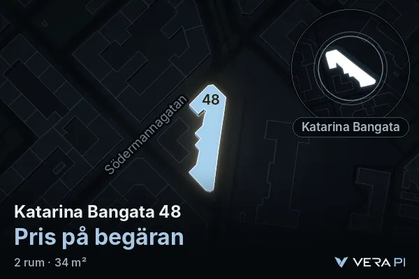 VERA PI's image of Katarina Bangata 48: the building in 3D, lit in blue, and the map around it