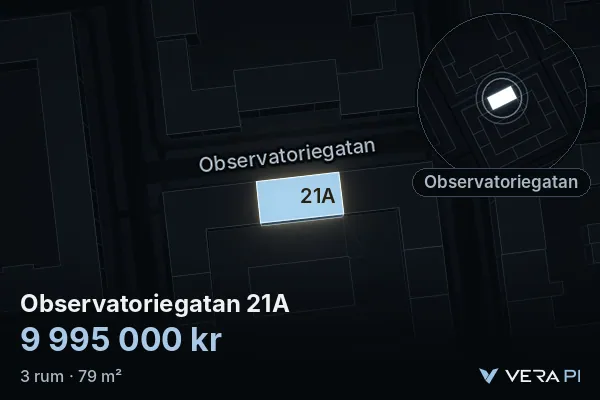 VERA PI:s bild av Observatoriegatan 21A: huset i 3D, upplyst i blått, och kartan runt omkring