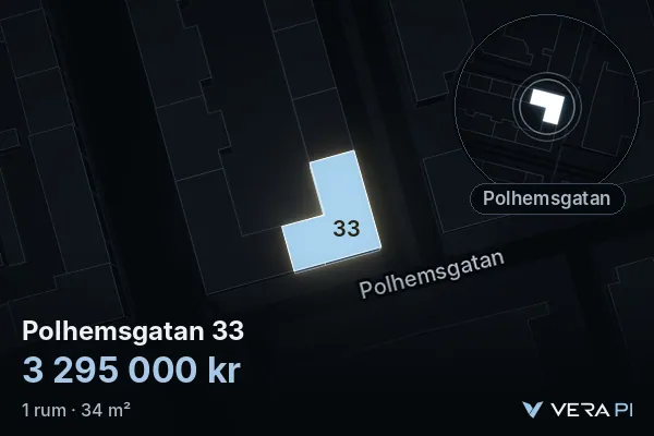 VERA PI:s bild av Polhemsgatan 33: huset i 3D, upplyst i blått, och kartan runt omkring