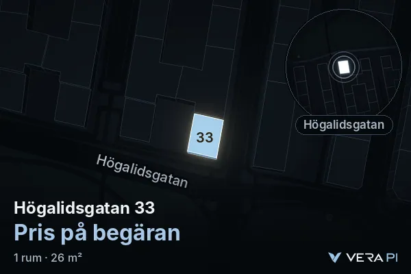 VERA PI's image of Högalidsgatan 33: the building in 3D, lit in blue, and the map around it