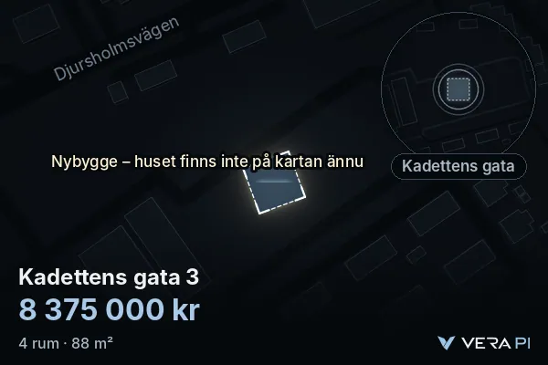VERA PI:s bild av Kadettens gata 3: huset i 3D, upplyst i blått, och kartan runt omkring
