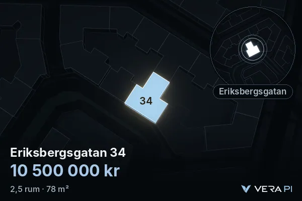 VERA PI:s bild av Eriksbergsgatan 34: huset i 3D, upplyst i blått, och kartan runt omkring