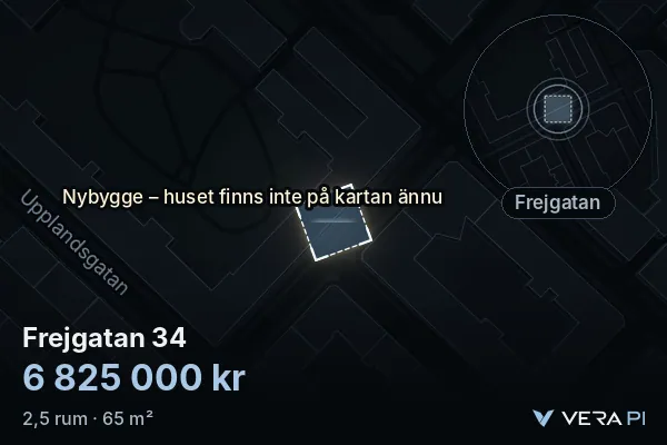 VERA PI:s bild av Frejgatan 34: huset i 3D, upplyst i blått, och kartan runt omkring