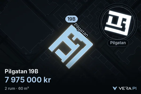 VERA PI:s bild av Pilgatan 19B: huset i 3D, upplyst i blått, och kartan runt omkring