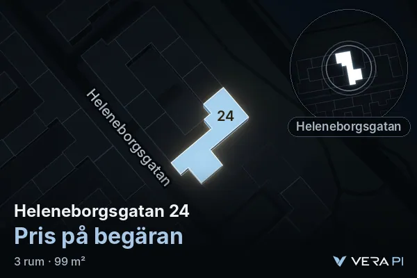VERA PI's image of Heleneborgsgatan 24: the building in 3D, lit in blue, and the map around it