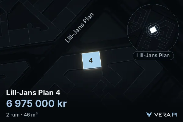 VERA PI:s bild av Lill-Jans Plan 4: huset i 3D, upplyst i blått, och kartan runt omkring