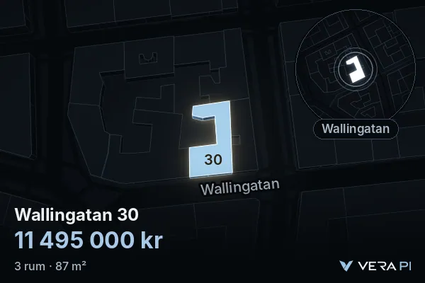 VERA PI:s bild av Wallingatan 30: huset i 3D, upplyst i blått, och kartan runt omkring