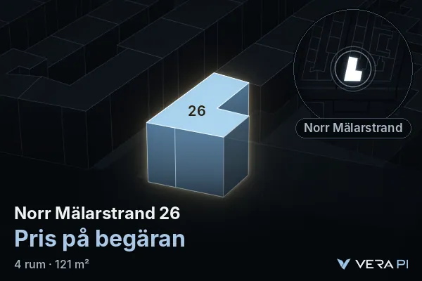 VERA PI:s bild av Norr Mälarstrand 26: huset i 3D, upplyst i blått, och kartan runt omkring