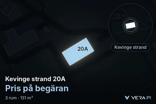 VERA PI's image of Kevinge strand 20A: the building in 3D, lit in blue, and the map around it