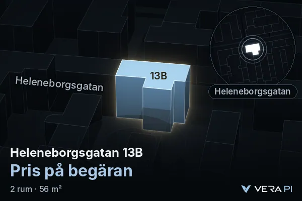 VERA PI:s bild av Heleneborgsgatan 13B: huset i 3D, upplyst i blått, och kartan runt omkring