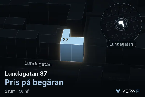 VERA PI:s bild av Lundagatan 37: huset i 3D, upplyst i blått, och kartan runt omkring