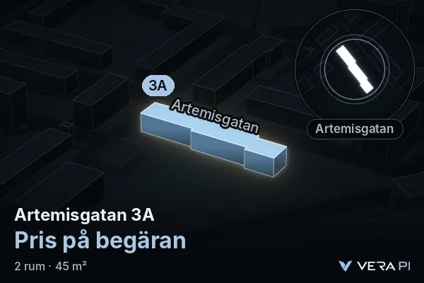 VERA PI:s bild av Artemisgatan 3A: huset i 3D, upplyst i blått, och kartan runt omkring