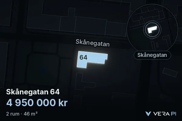 VERA PI:s bild av Skånegatan 64: huset i 3D, upplyst i blått, och kartan runt omkring
