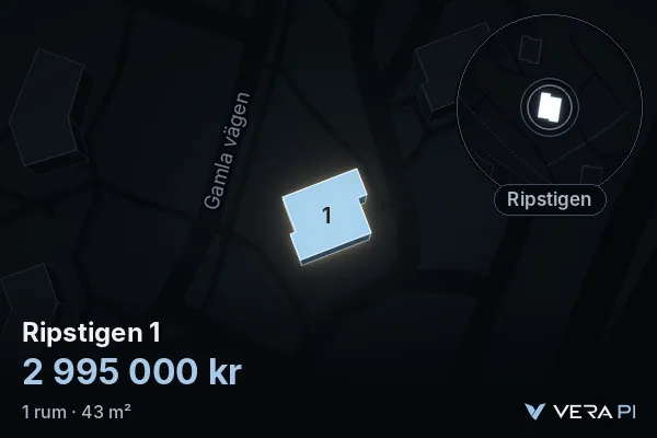 VERA PI's image of Ripstigen 1: the building in 3D, lit in blue, and the map around it
