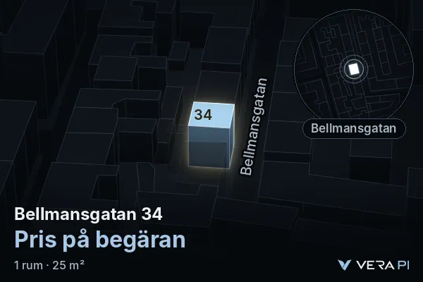 VERA PI:s bild av Bellmansgatan 34: huset i 3D, upplyst i blått, och kartan runt omkring