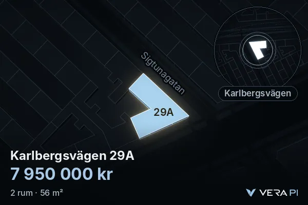 VERA PI:s bild av Karlbergsvägen 29A: huset i 3D, upplyst i blått, och kartan runt omkring
