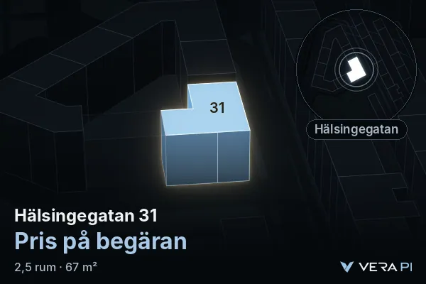 VERA PI:s bild av Hälsingegatan 31: huset i 3D, upplyst i blått, och kartan runt omkring