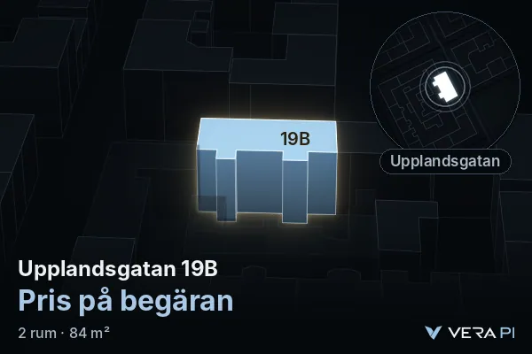 VERA PI:s bild av Upplandsgatan 19B: huset i 3D, upplyst i blått, och kartan runt omkring