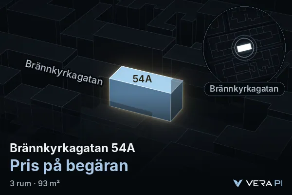 VERA PI:s bild av Brännkyrkagatan 54A: huset i 3D, upplyst i blått, och kartan runt omkring