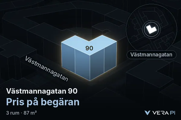 VERA PI:s bild av Västmannagatan 90: huset i 3D, upplyst i blått, och kartan runt omkring