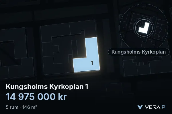 VERA PI:s bild av Kungsholms Kyrkoplan 1: huset i 3D, upplyst i blått, och kartan runt omkring