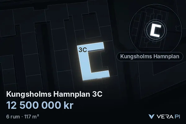 VERA PI:s bild av Kungsholms Hamnplan 3C: huset i 3D, upplyst i blått, och kartan runt omkring