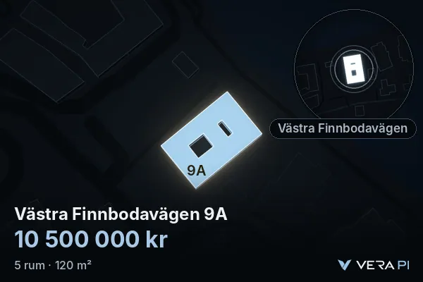 VERA PI:s bild av Västra Finnbodavägen 9A: huset i 3D, upplyst i blått, och kartan runt omkring