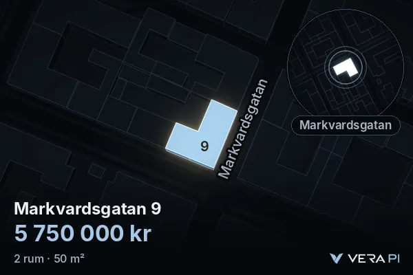 VERA PI:s bild av Markvardsgatan 9: huset i 3D, upplyst i blått, och kartan runt omkring