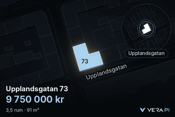 VERA PI:s bild av Upplandsgatan 73: huset i 3D, upplyst i blått, och kartan runt omkring