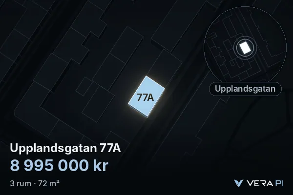 VERA PI's image of Upplandsgatan 77A: the building in 3D, lit in blue, and the map around it