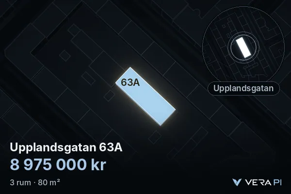 VERA PI's image of Upplandsgatan 63A: the building in 3D, lit in blue, and the map around it