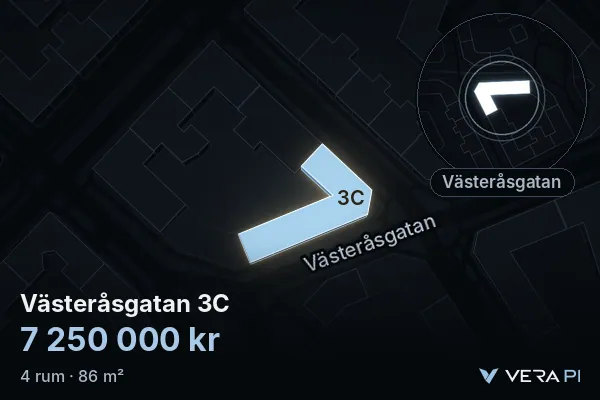 VERA PI:s bild av Västeråsgatan 3C: huset i 3D, upplyst i blått, och kartan runt omkring