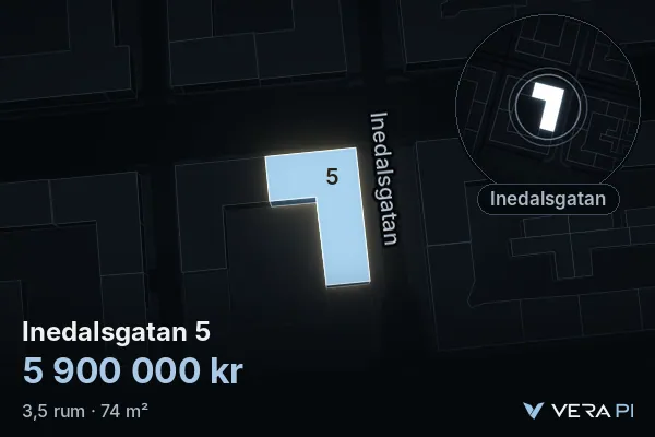 VERA PI:s bild av Inedalsgatan 5: huset i 3D, upplyst i blått, och kartan runt omkring