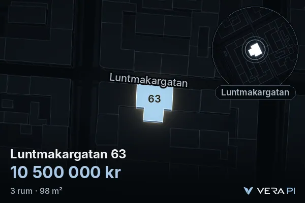 VERA PI's image of Luntmakargatan 63: the building in 3D, lit in blue, and the map around it