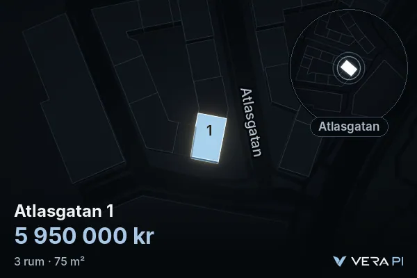 VERA PI's image of Atlasgatan 1: the building in 3D, lit in blue, and the map around it