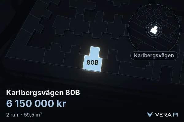 VERA PI:s bild av Karlbergsvägen 80B: huset i 3D, upplyst i blått, och kartan runt omkring