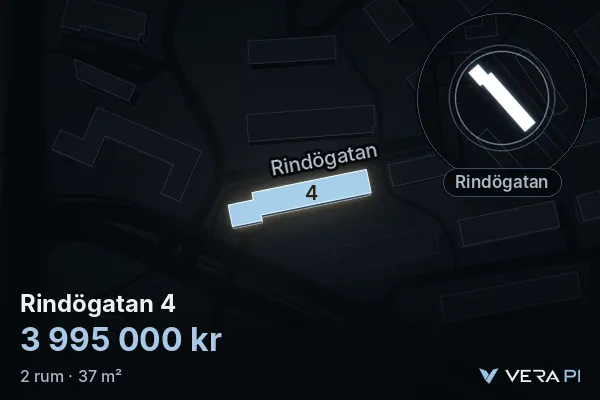 VERA PI:s bild av Rindögatan 4: huset i 3D, upplyst i blått, och kartan runt omkring
