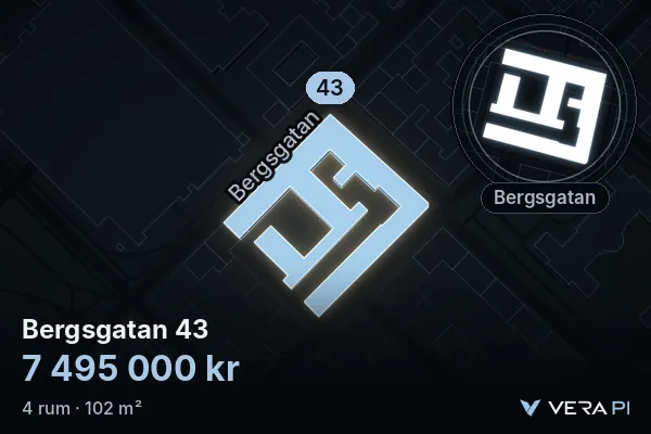 VERA PI:s bild av Bergsgatan 43: huset i 3D, upplyst i blått, och kartan runt omkring