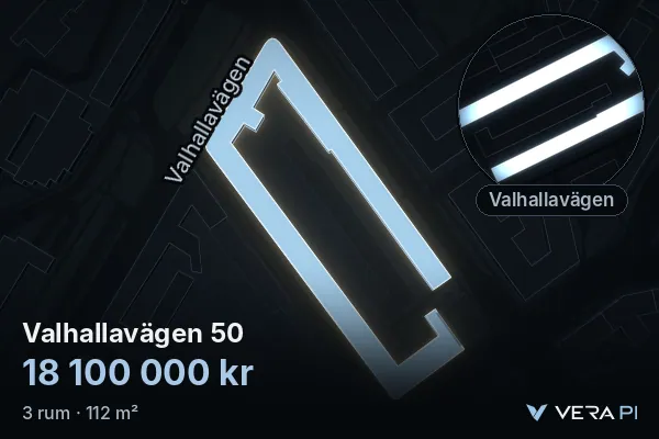 VERA PI:s bild av Valhallavägen 50: huset i 3D, upplyst i blått, och kartan runt omkring