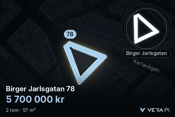 VERA PI:s bild av Birger Jarlsgatan 78: huset i 3D, upplyst i blått, och kartan runt omkring