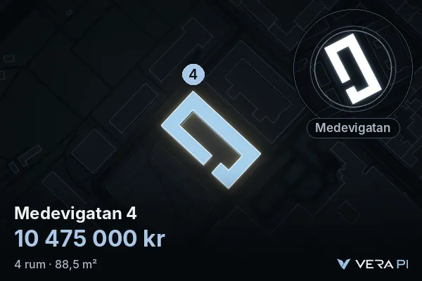VERA PI's image of Medevigatan 4: the building in 3D, lit in blue, and the map around it
