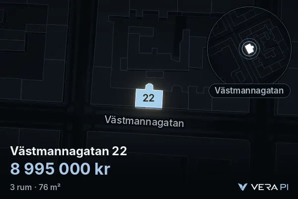 VERA PI:s bild av Västmannagatan 22: huset i 3D, upplyst i blått, och kartan runt omkring