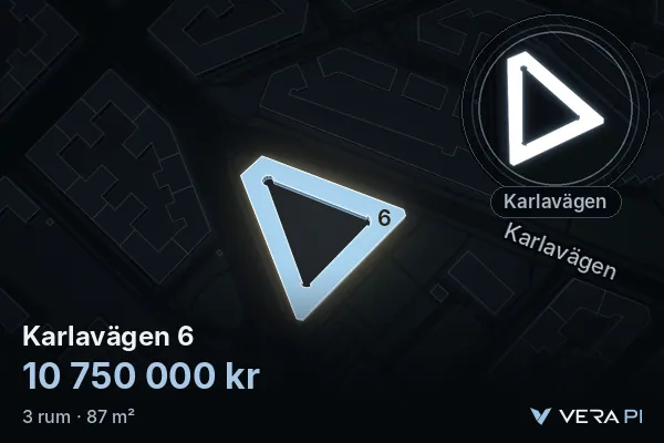 VERA PI:s bild av Karlavägen 6: huset i 3D, upplyst i blått, och kartan runt omkring