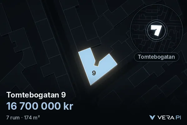 VERA PI:s bild av Tomtebogatan 9: huset i 3D, upplyst i blått, och kartan runt omkring