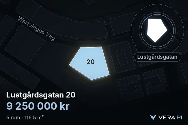 VERA PI:s bild av Lustgårdsgatan 20: huset i 3D, upplyst i blått, och kartan runt omkring