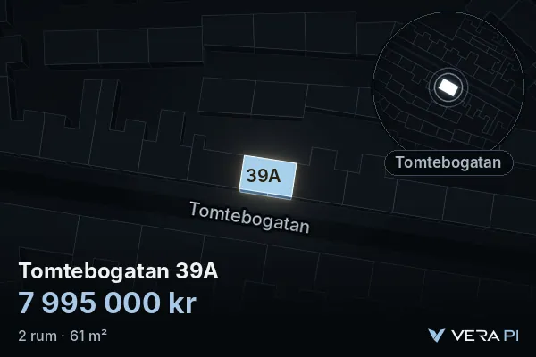 VERA PI:s bild av Tomtebogatan 39A: huset i 3D, upplyst i blått, och kartan runt omkring