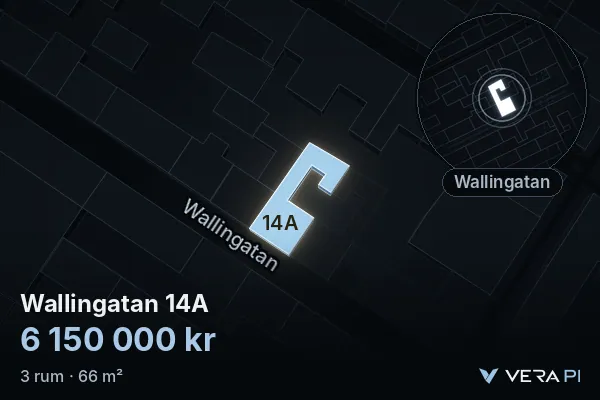 VERA PI:s bild av Wallingatan 14A: huset i 3D, upplyst i blått, och kartan runt omkring