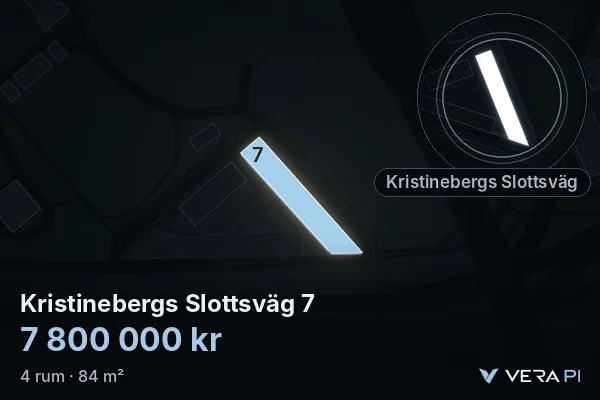 VERA PI:s bild av Kristinebergs Slottsväg 7: huset i 3D, upplyst i blått, och kartan runt omkring