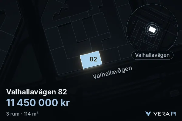 VERA PI:s bild av Valhallavägen 82: huset i 3D, upplyst i blått, och kartan runt omkring